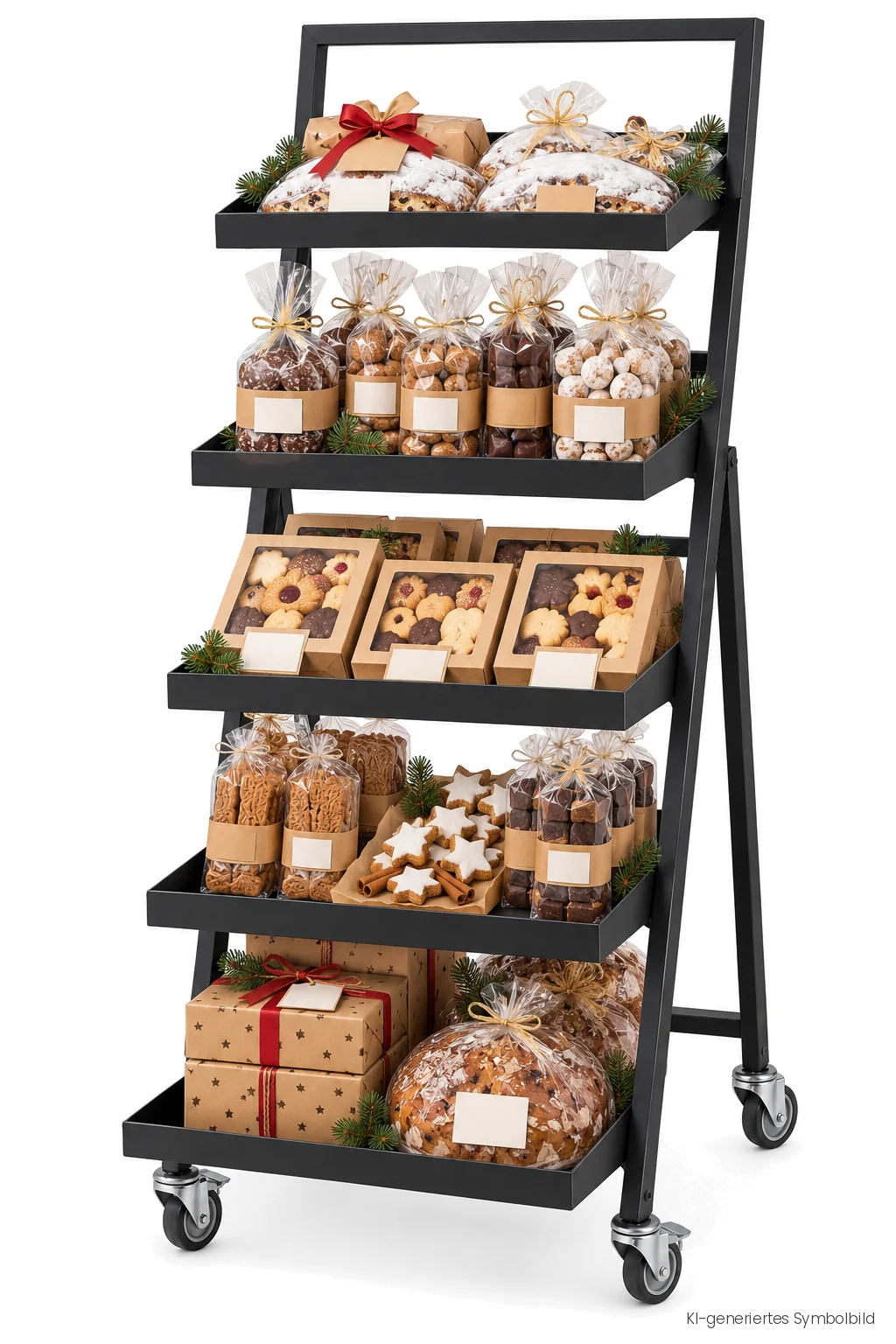 Warenbooster zur Weihnachtszeit mit Stollen, Lebkuchen, Plätzchen und Geschenkpäckchen